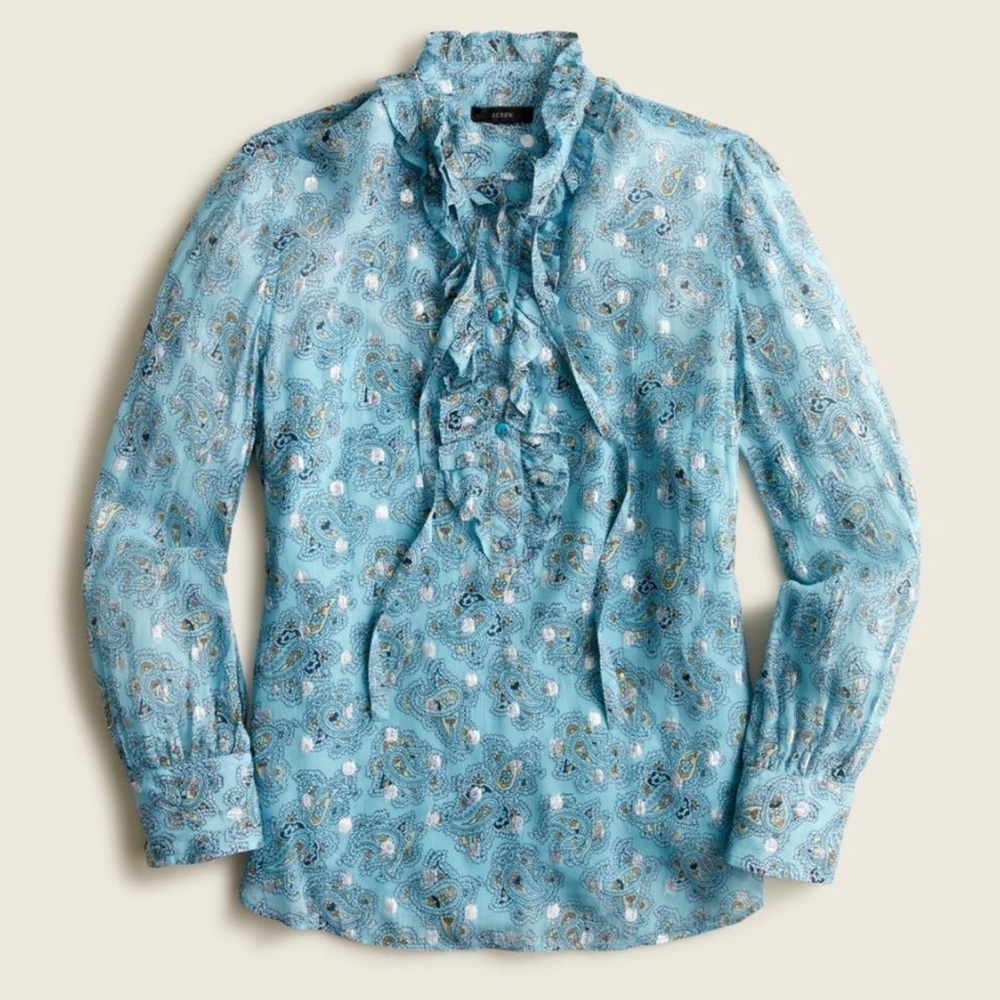J.Crew XXL Metallic Chiffon Paisley Top Ruffle Neck Sheer Boho Blouse - Picture 2 of 7